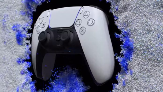 A Dualsense controller on a white and black background