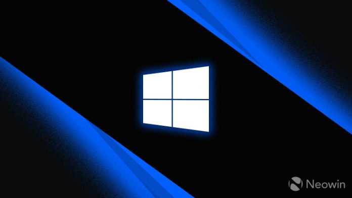 Windows 10 logo monochrome with blue outer glow on dark background