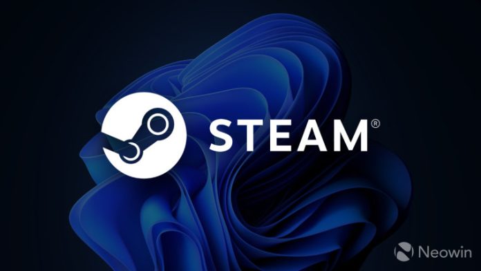 A Steam logo with Windows 11s default walppaper in the background