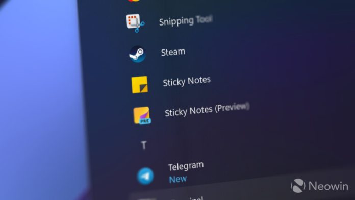 Sticky Notes in Start menu in Windows 11