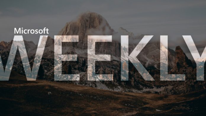 A Microsoft Weekly banner image with a mountain landscape background