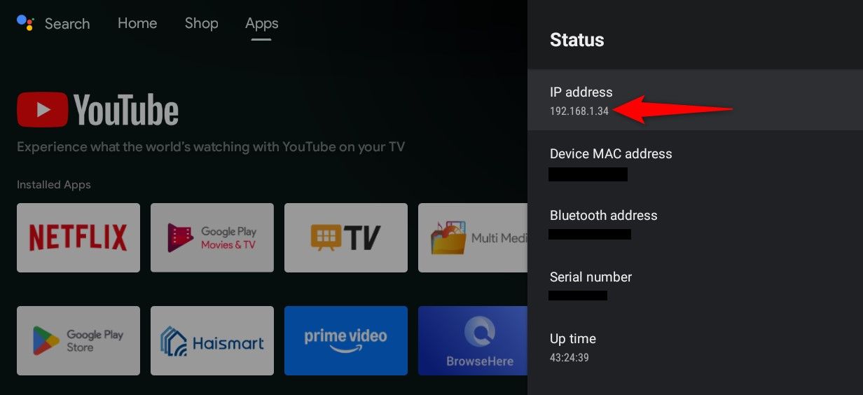 Επισημαίνεται η διεύθυνση IP μιας Android TV.