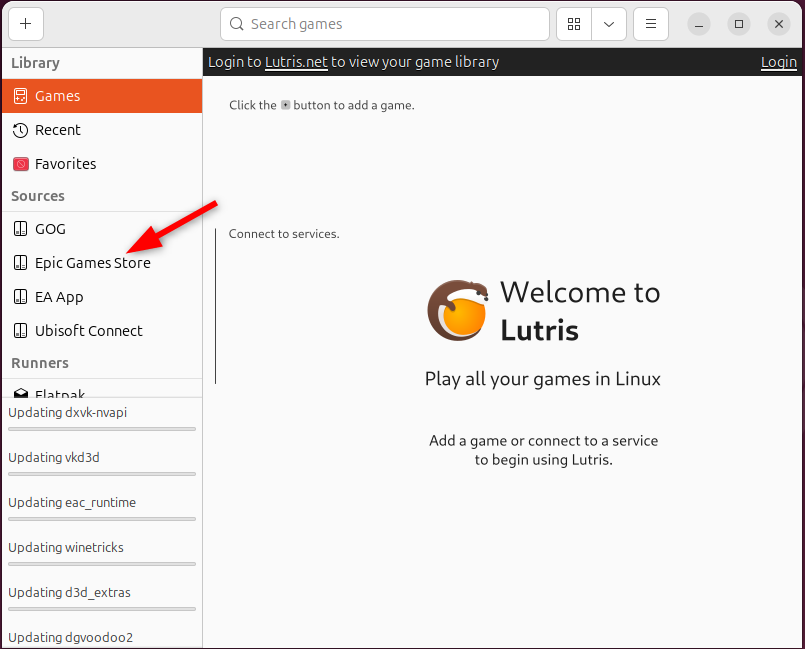 Επιλέγοντας «Epic Games Store» από την αρχική οθόνη του Lutris.