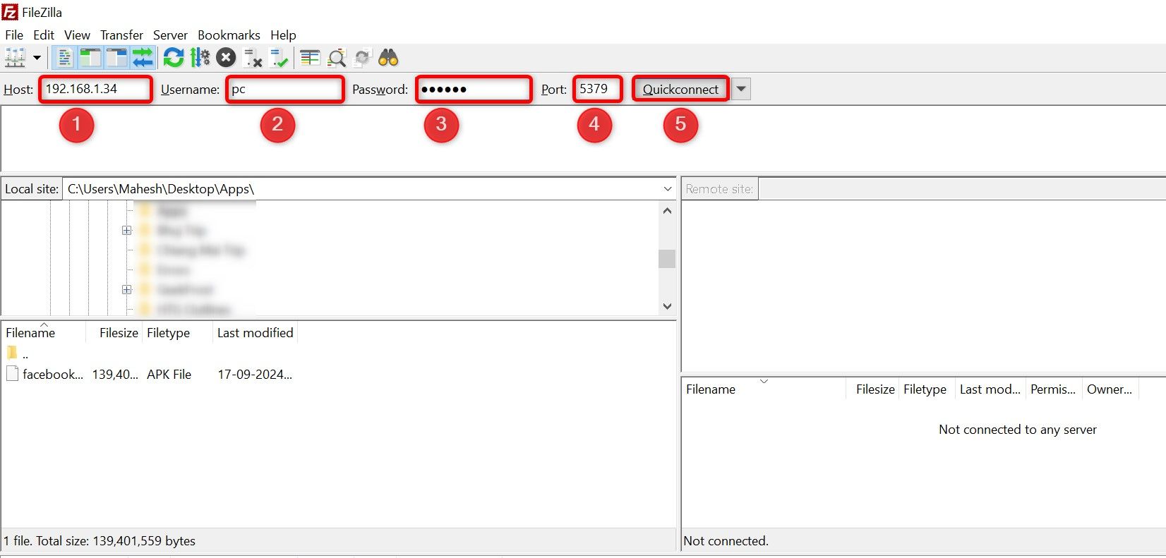 Τα πεδία σύνδεσης FTP επισημαίνονται στο FileZilla.