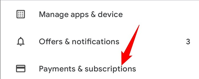   Μενού Google Play με σύνδεσμο Πληρωμές και Συνδρομές. 