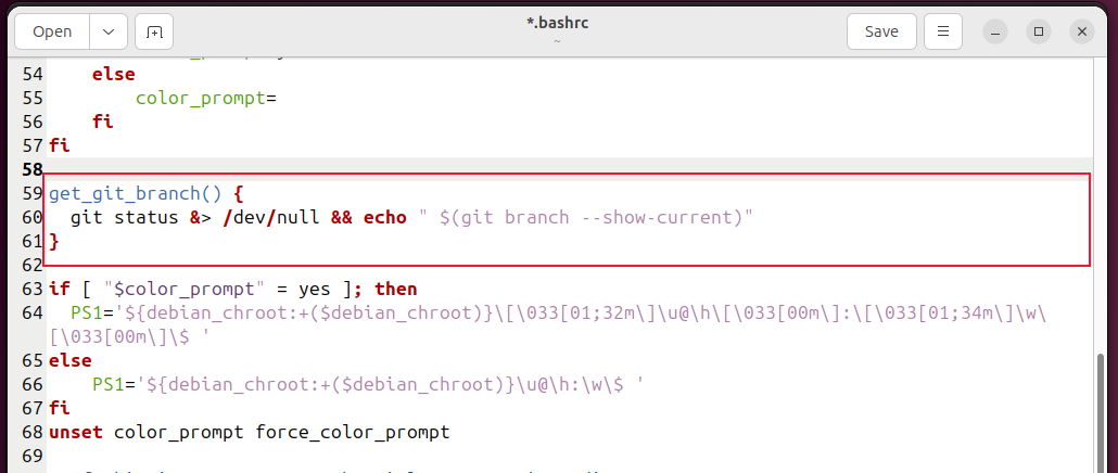 Η συνάρτηση get_git_branch προστέθηκε στο αρχείο .bashrc.