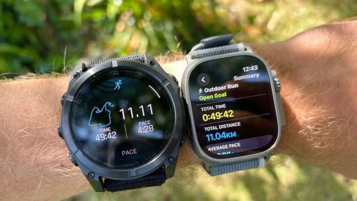 Garmin Fenix 8 next to Apple Watch Ultra 2 on wrist