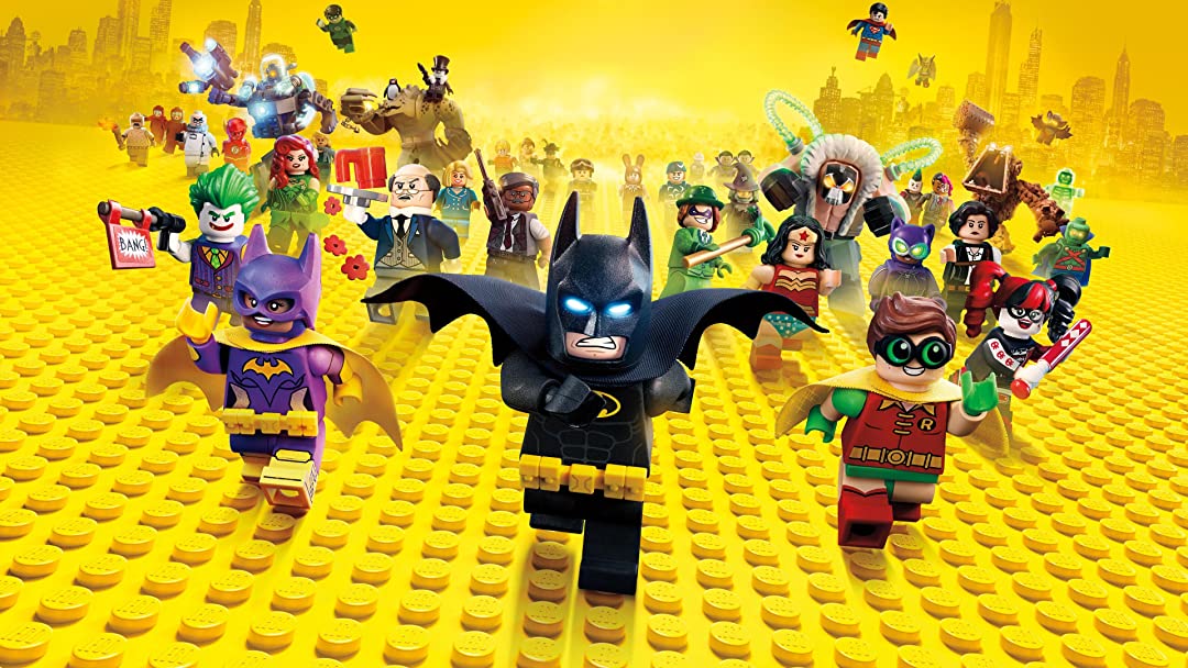 Μια φωτογραφία από την ταινία Lego Batman στην οποία όλοι οι χαρακτήρες κινουμένων σχεδίων τρέχουν προς την κάμερα σε ένα κίτρινο, lego φόντο.