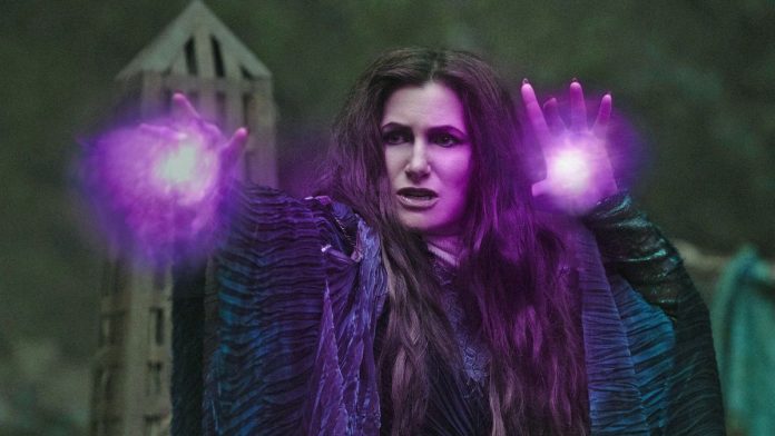 Agatha Harkness using her purple witch-based powers in Agatha All Along