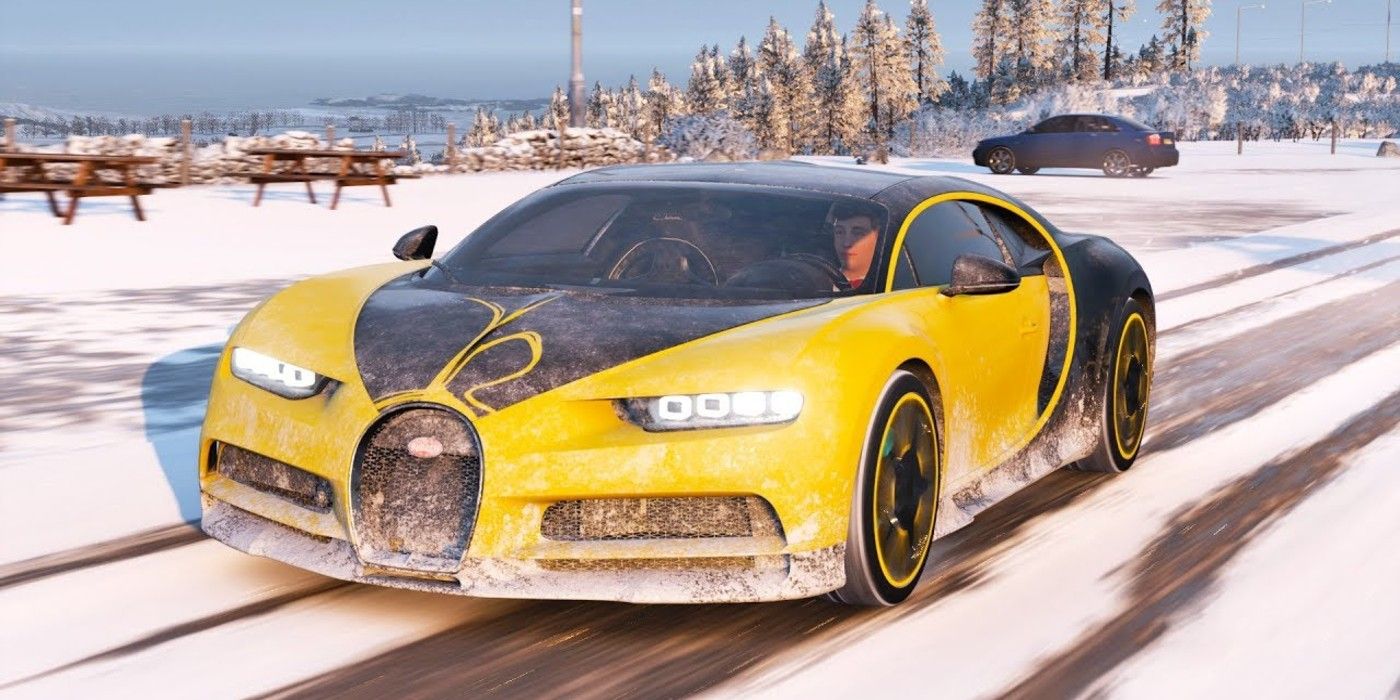 Forza Horizon 4 Bugatti Chiron οδήγηση σε χιονισμένο δρόμο