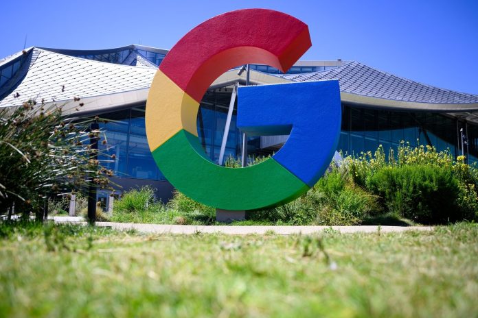 A large Google logo is seen at Google's Bay View campus in Mountain View, California on August 13, 2024.