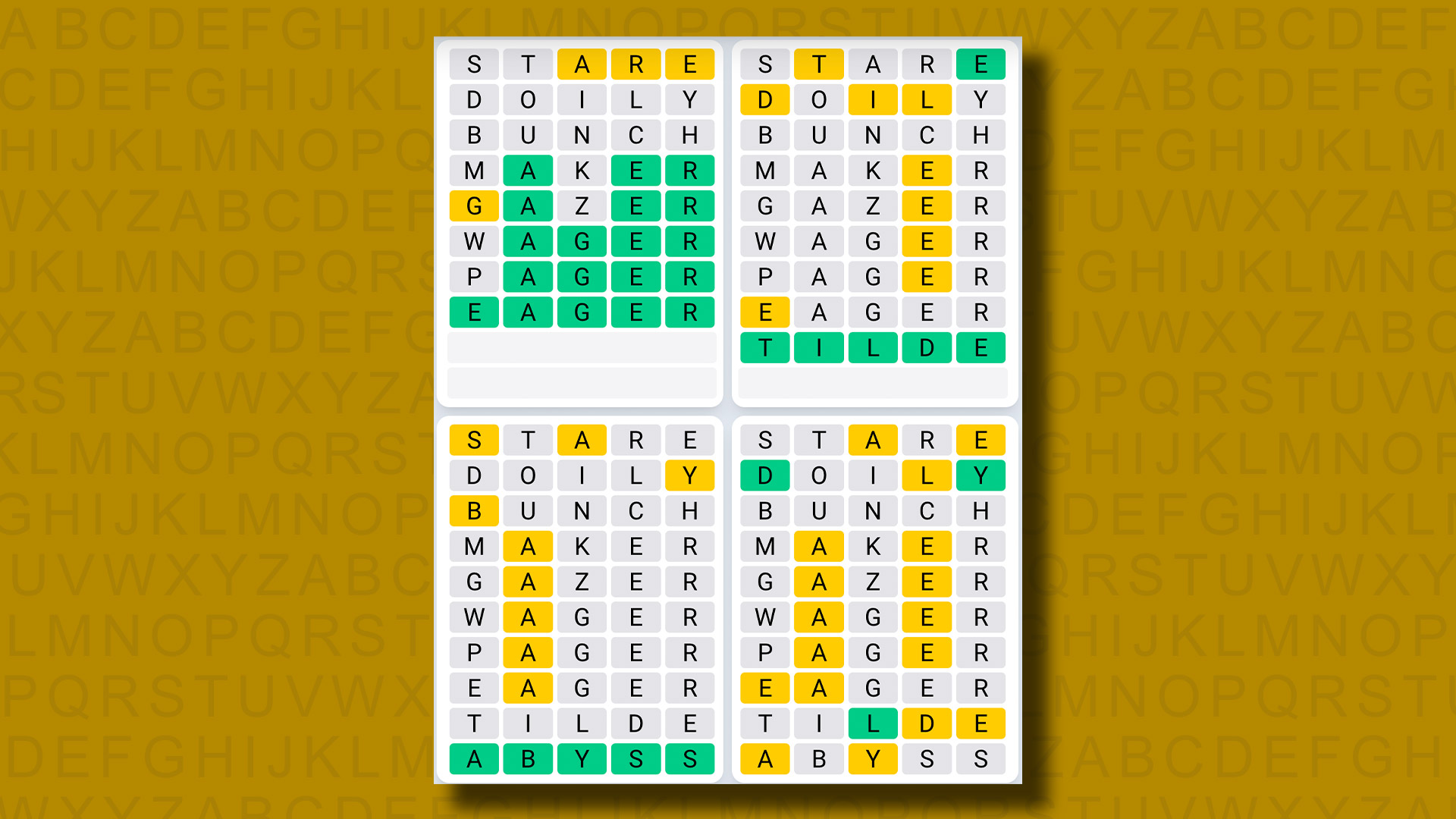 Απαντήσεις Quordle Daily Sequence για το παιχνίδι 979 σε κίτρινο φόντο