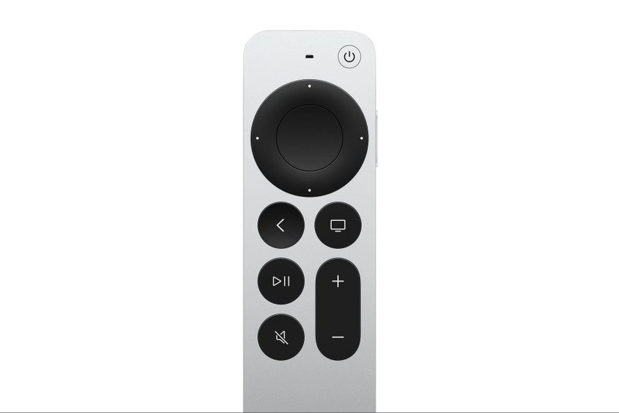 Τηλεχειριστήριο Siri για Apple TV που εμφανίζεται σε λευκό φόντο. 