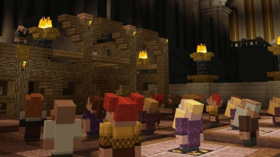 Εντολές της κονσόλας Minecraft - ένας χωρικός σαν νάνος απευθύνεται σε ένα κοινό άλλων νάνων μέσα στην τεράστια αίθουσα στα ορυχεία.