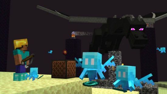 Εντολές της κονσόλας Minecraft: Ο Steve εξοπλισμένος με διαμαντένιες μπότες, ένα χρυσό κράνος και ένα καλάμι ψαρέματος, χρησιμοποιεί το Allays για να μαζέψει Ender Pearls ενώ ακούει το μουσικό του κουτί. Ο Ender Dragon επιτίθεται από πάνω.