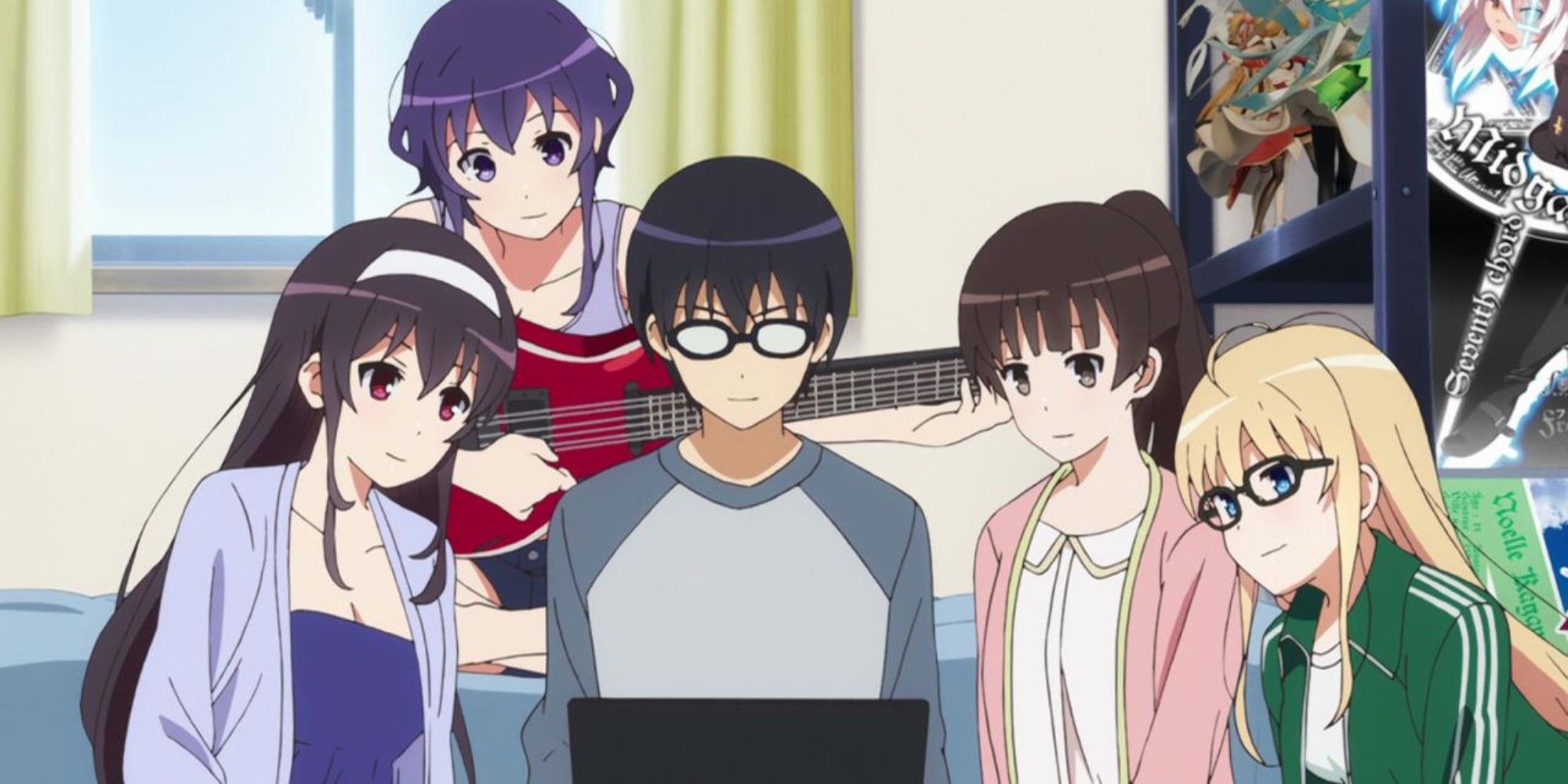 A group of charcters looking at a computer in Saekano How to Raise a Boring Girlfriend image