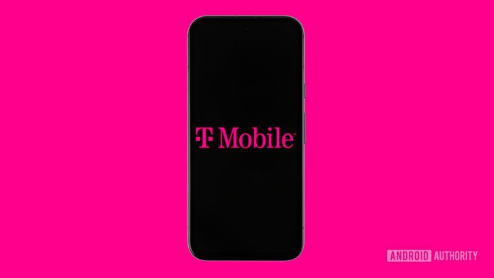 T Mobile logo on smartphone with colored background stock photo