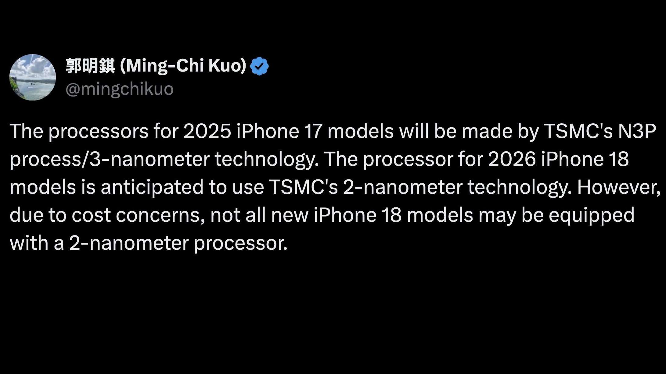 Tweet του Ming-Chi Kuo σχετικά με τα τσιπ iPhone 18