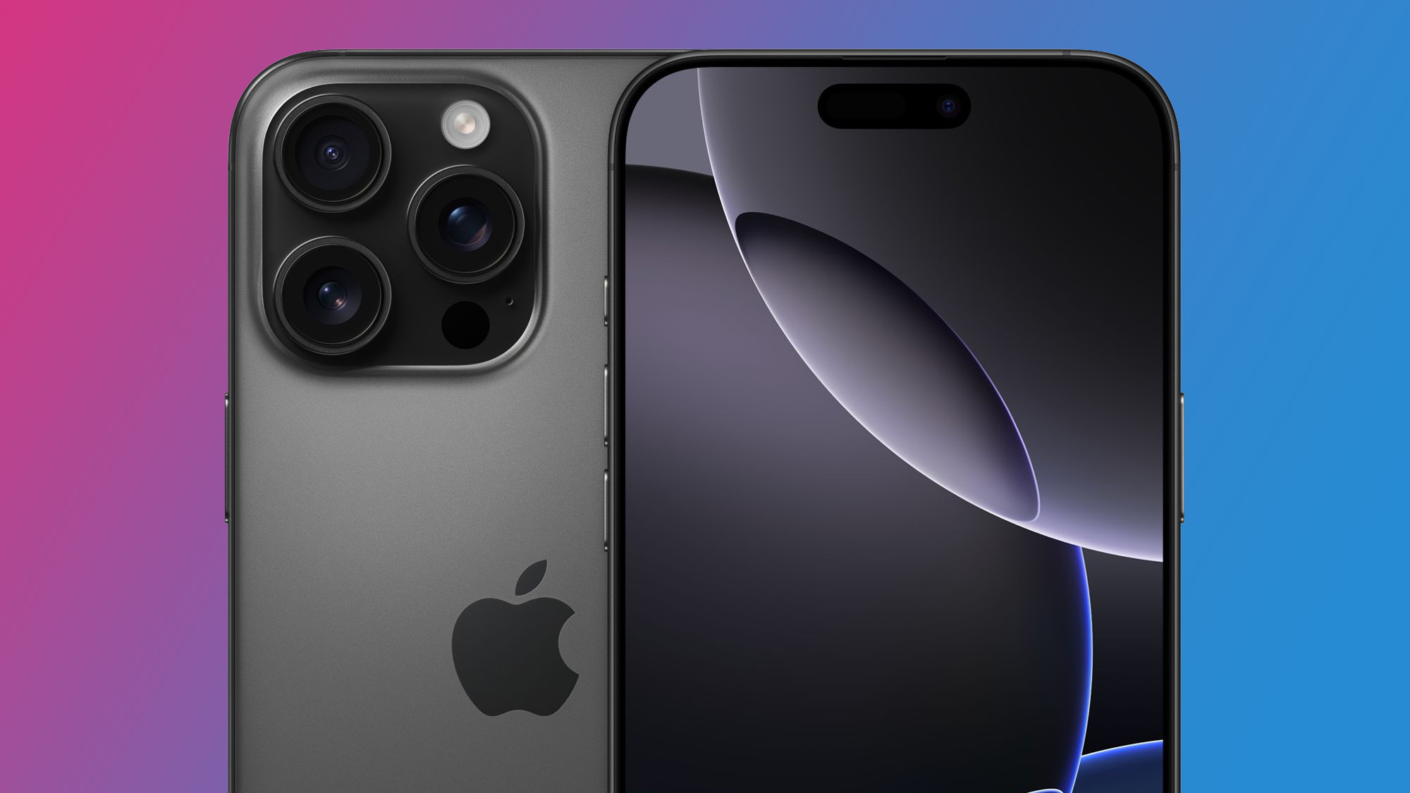 Ένα iPhone 16 Pro σε μαύρο τιτάνιο σε ροζ και μπλε φόντο