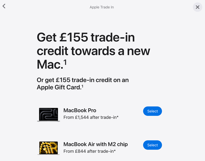 Ένα στιγμιότυπο οθόνης από τον ιστότοπο Apple Trade In για ένα MacBook Pro 2019