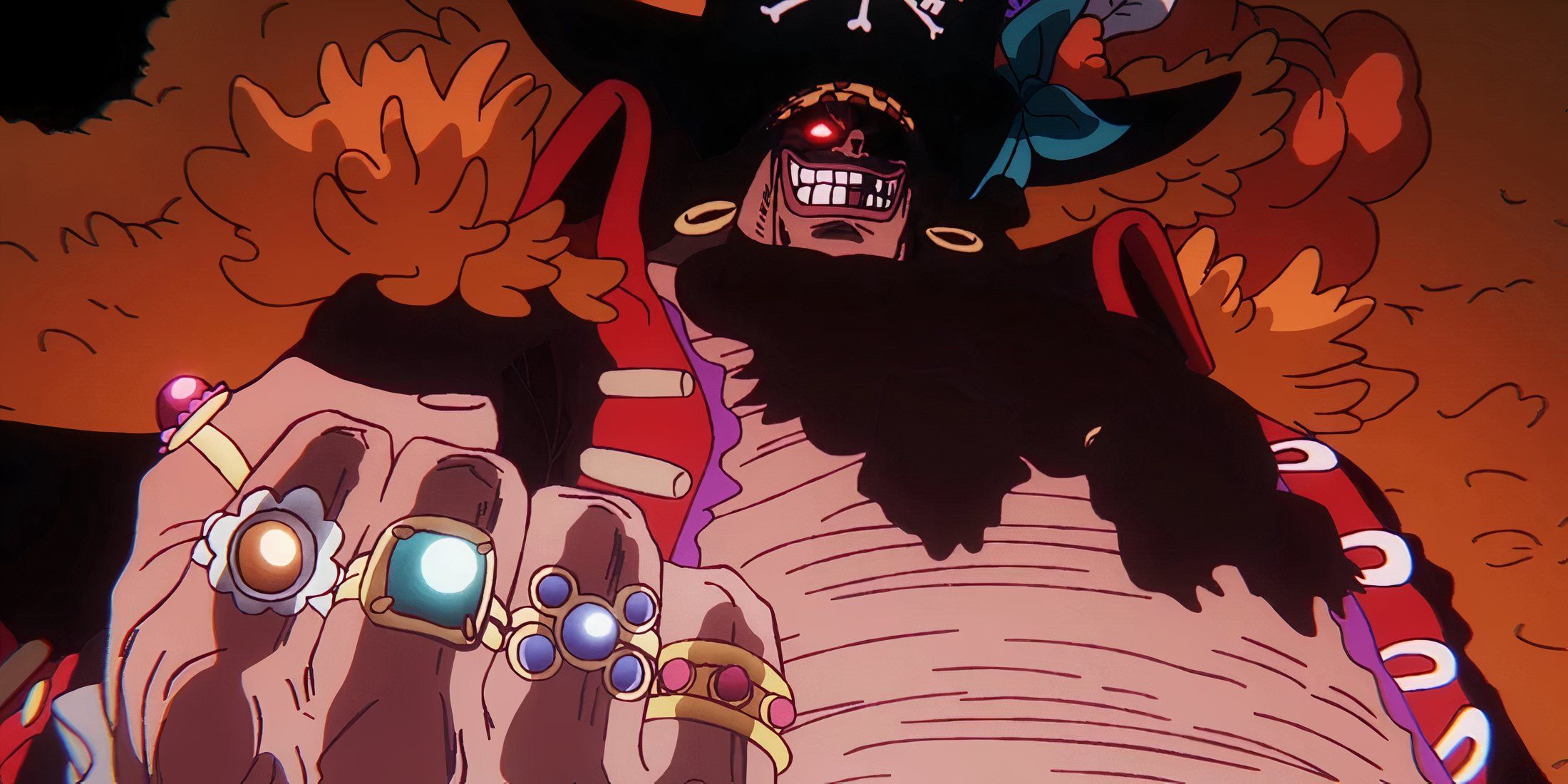 Blackbeard από το One Piece με κόκκινα μάτια να σφίγγουν τη γροθιά του