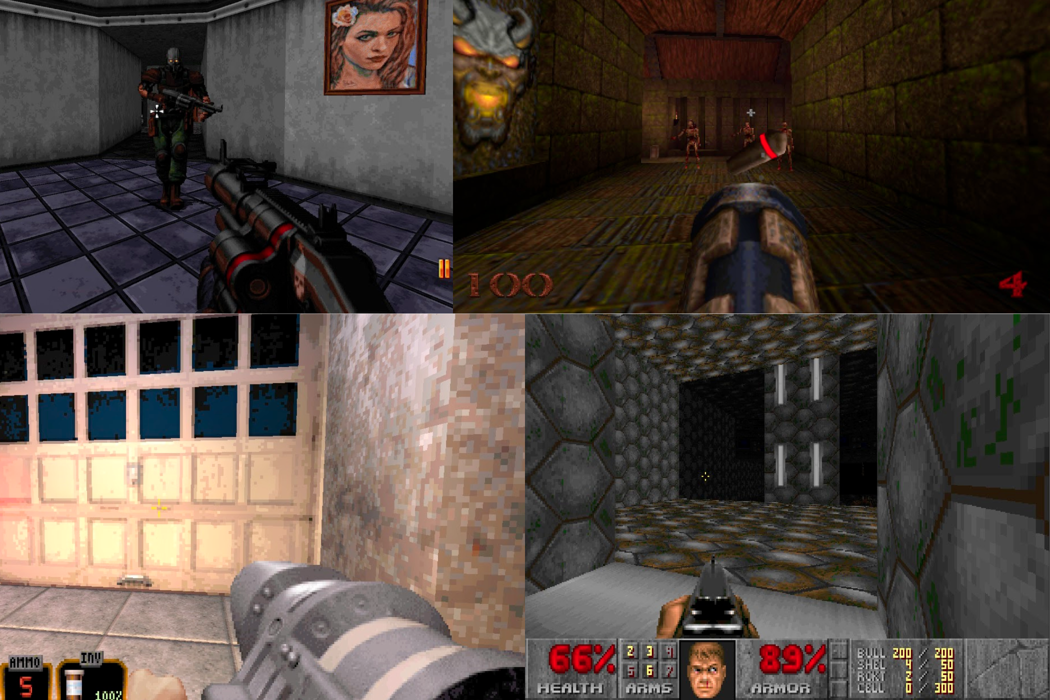 Ένα κολάζ από boomer shooters που αποτελείται από τους Ion Fury, Quake, Duke Nukem 3D και Doom.