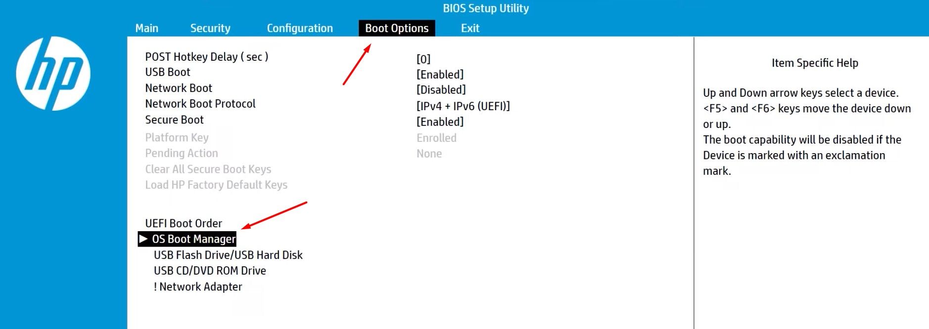 Καρτέλα επιλογών εκκίνησης στο μενού HP Bios