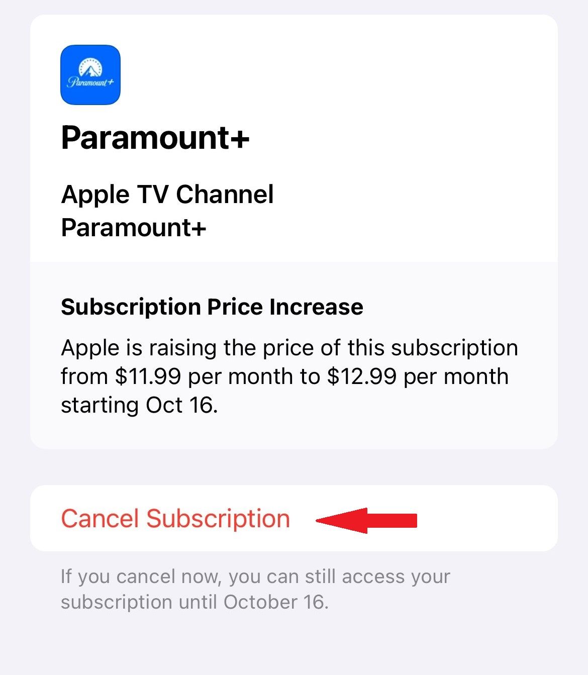 Οθόνη συνδρομής οθόνης Paramount Plus στο iPhone με επιλογή ακύρωσης. 