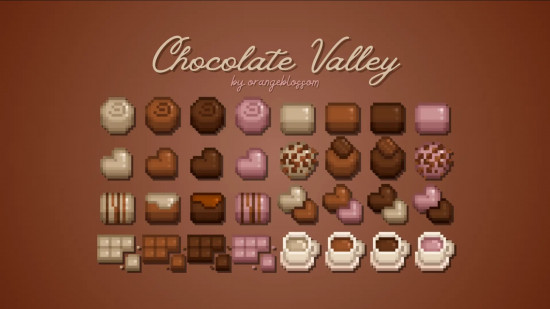 Stardew Valley mods: a selection of pixelated chocolates.