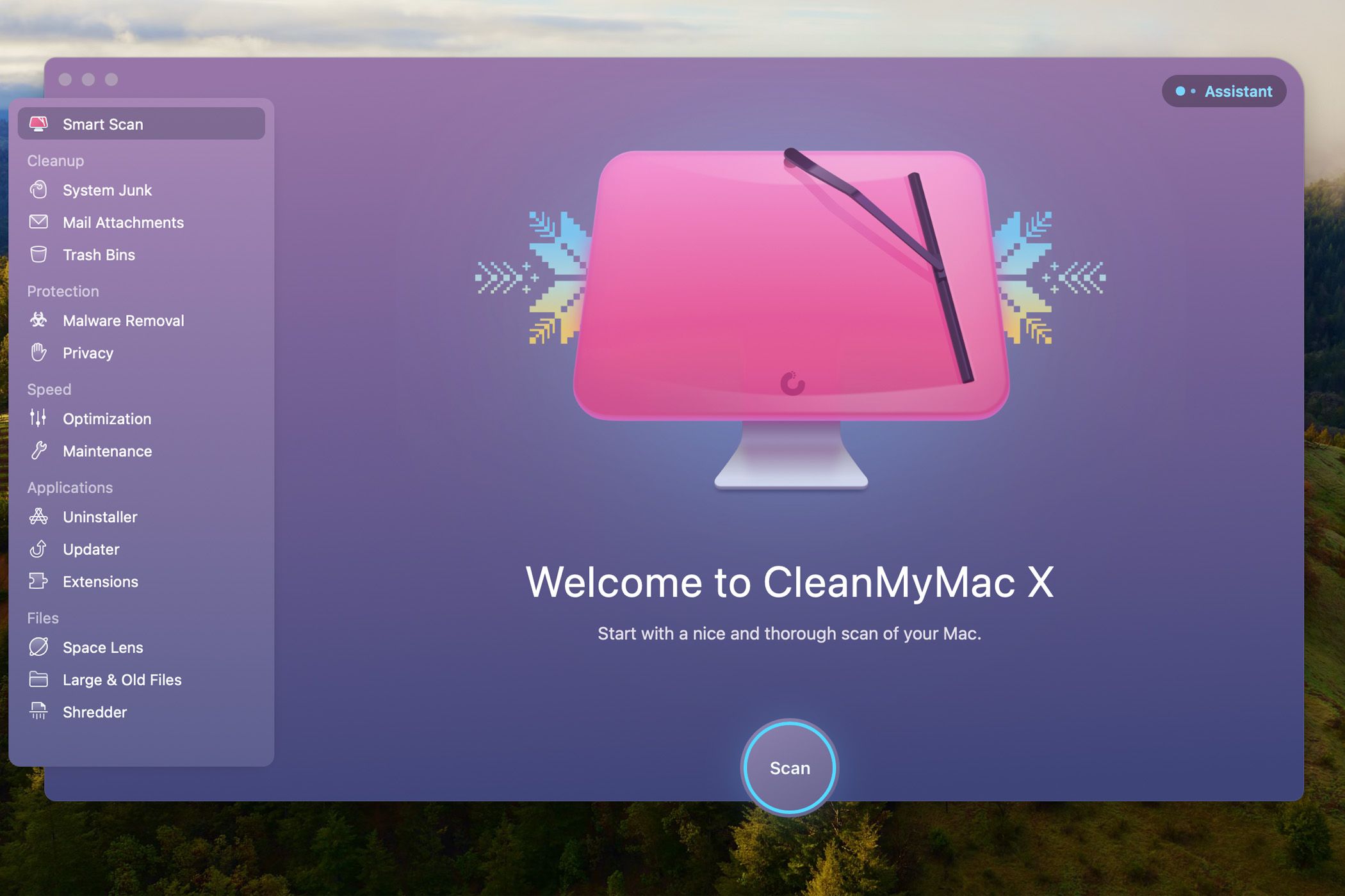 Η διεπαφή CleanMyMac X δείχνει το κουμπί για την εκκίνηση μιας σάρωσης. 