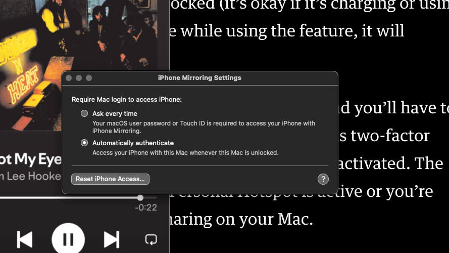 Στιγμιότυπο οθόνης macOS που δείχνει το παράθυρο ρυθμίσεων για την εφαρμογή iPhone Mirroring.