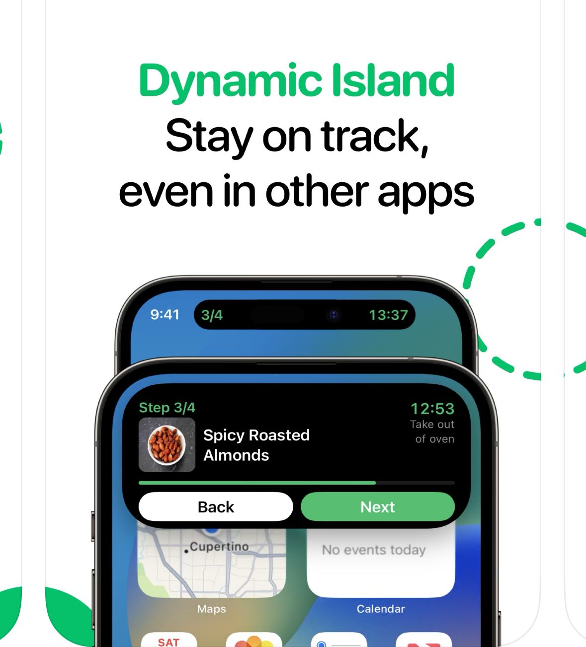 Δύο iPhone που δείχνουν βήματα συνταγής στο Dynamic Island μέσω της εφαρμογής Pestle.