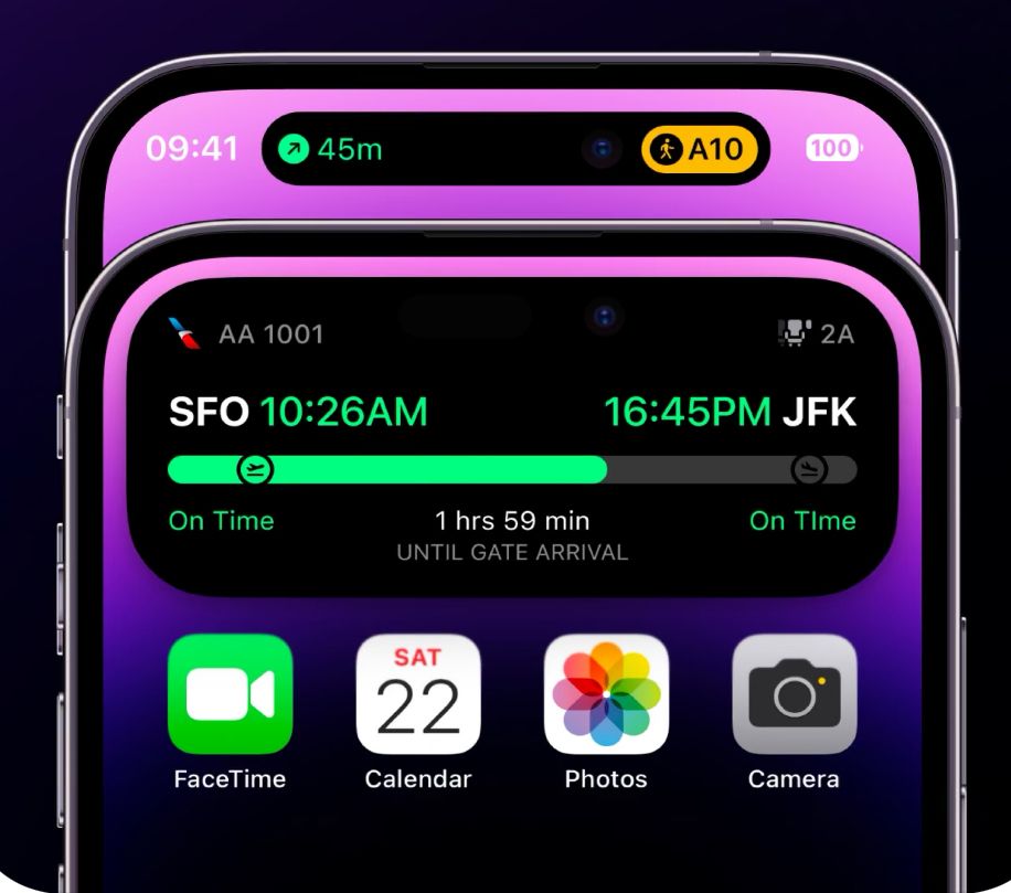 Δύο iPhone που δείχνουν το Flighty στο Dynamic Island, με χρόνο απογείωσης και αριθμό πύλης.