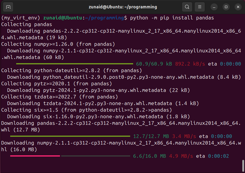 Εγκατάσταση του πακέτου pandas Python μέσα στο εικονικό περιβάλλον στο Linux.