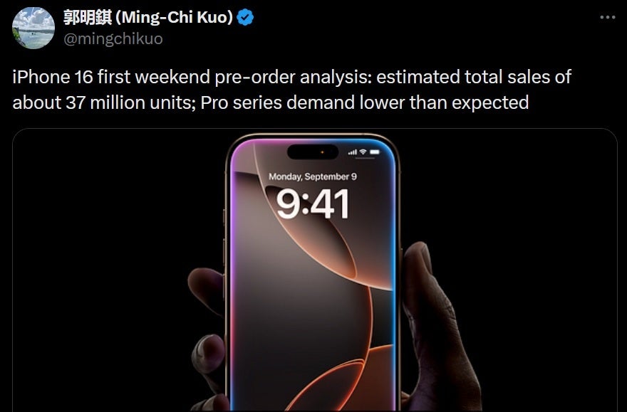 Η Apple είχε προπαραγγελίες για 37 εκατομμύρια μονάδες iPhone 16 αυτό το Σαββατοκύριακο που ανοίγει. | Πίστωση εικόνας-Ming-Chi Kuo - iPhone 16, iPhone 16 Plus ξεπερνούν τα μοντέλα Pro κατά τη διάρκεια του Σαββατοκύριακου έναρξης