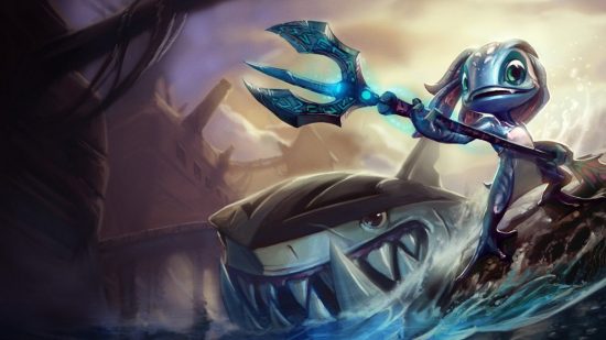 Λίστα βαθμίδων League of Legends: ένα μικρό ανθρωποειδές που μοιάζει με ψάρι στέκεται στην κορυφή ενός μηχανικού καρχαρία, κρατώντας μια τρίαινα.