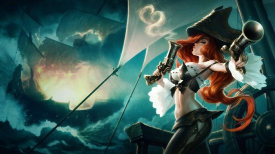 Λίστα επιπέδου League of Legends: μια γυναίκα με έντονα κόκκινα μαλλιά ντυμένη με πειρατική στολή, κρατώντας δύο πιστόλια.