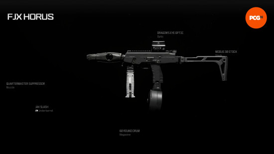 The best FJX Horus loadout shown in preview with the names of five attachments round the sides.