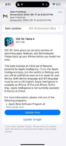 Η Apple κυκλοφορεί το iOS 18.1 για προγραμματιστές beta 4. | Image credit-PhoneArena - iOS 18.1 προγραμματιστής beta 4 καλά νέα για κάμερες iPhone 15 Pro, 15 Pro Max