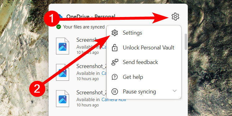 Άνοιγμα ρυθμίσεων στην εφαρμογή OneDrive στα Windows.