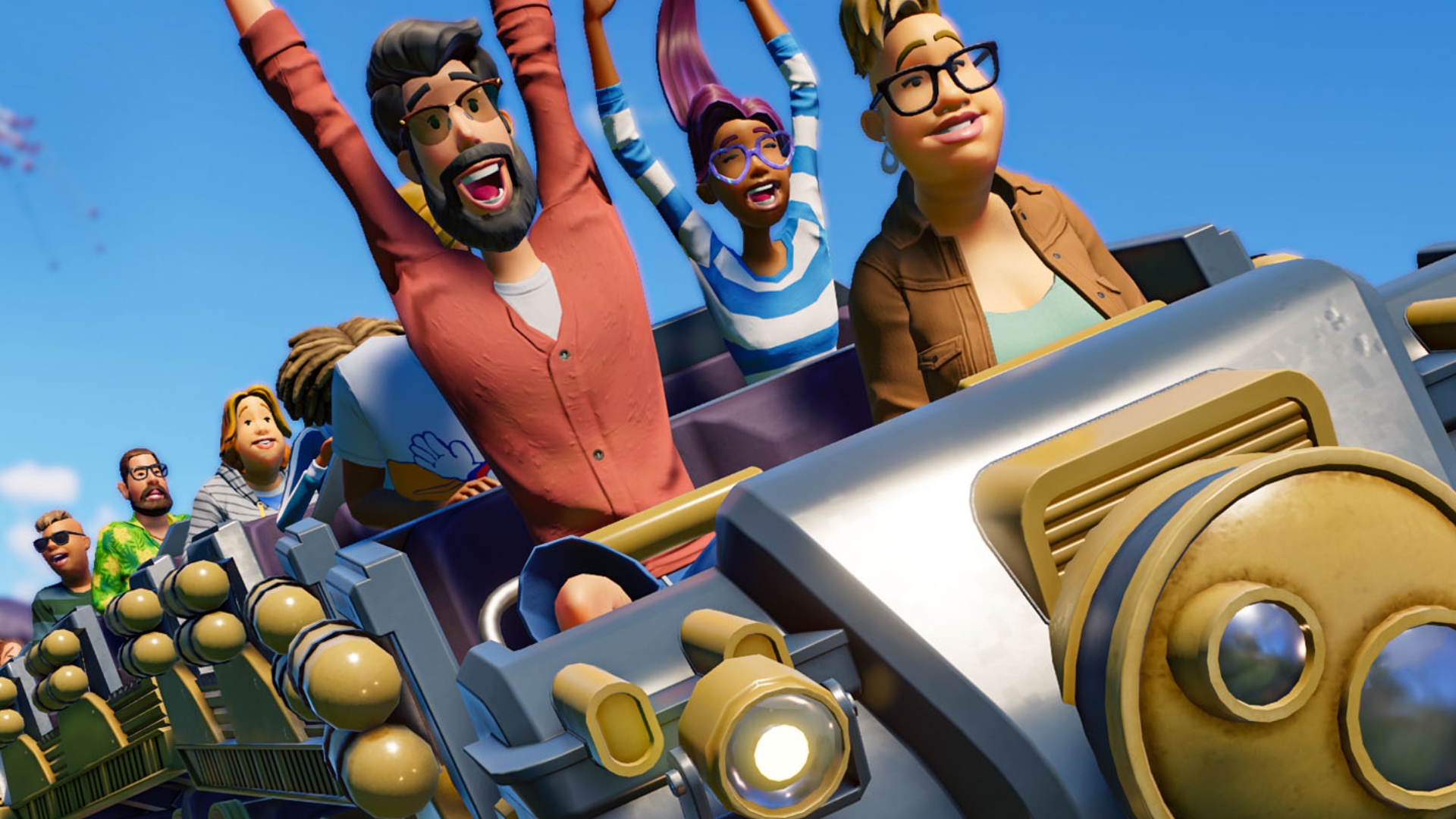 Planet Coaster Παιχνίδι στρατηγικής Steam: Άνθρωποι που επευφημούν ένα τρενάκι στο παιχνίδι στρατηγικής Planet Coaster 2