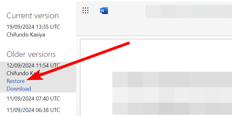 Ο "Επαναφέρω" σύνδεση κατά την επαναφορά ενός αρχείου Microsoft Word στο OneDrive.