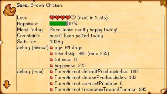 The hidden stats and debug values for a brown chicken in Lookup Anything, one of the best Stardew Valley mods.