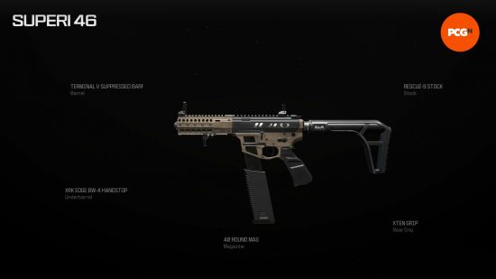 The best Superi-46 loadout for the current MW3 meta, shown with five attachments attached.