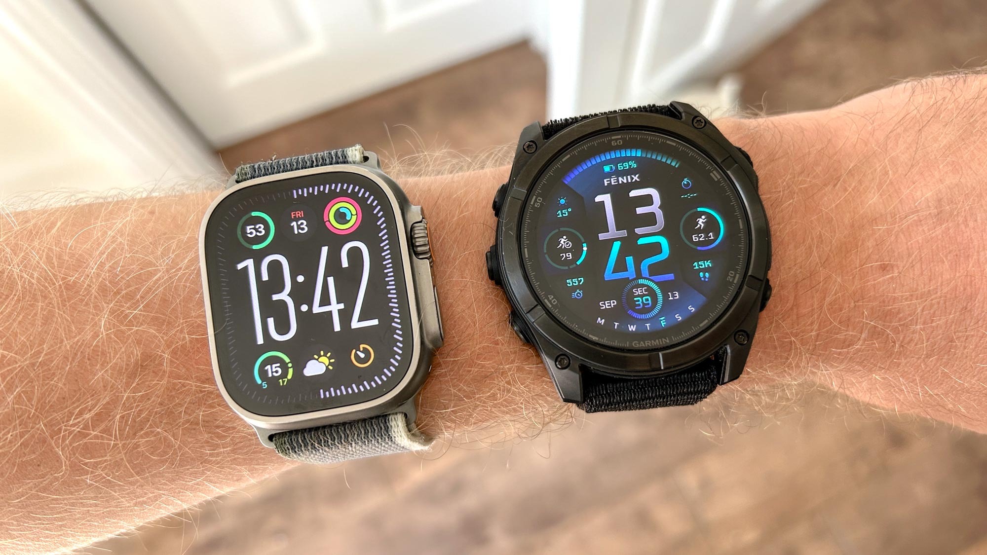 Garmin Fenix 8 vs Apple Watch Ultra 2 on wrist