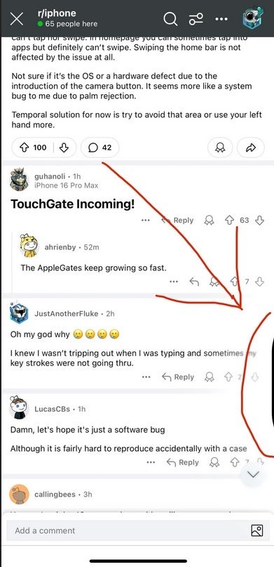Το τυχαίο άγγιγμα αυτής της μικρής περιοχής μέσα στον ημικύκλιο προκαλεί την απόρριψη των εισόδων στη σειρά iPhone 16 Pro. | Image credit-u/LucasCBs, συνδρομητής Reddit - Μεγάλο πρόβλημα με την οθόνη έχει ορισμένους χρήστες iPhone 16 Pro που ελπίζουν ότι έχουν πρόβλημα λογισμικού