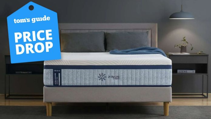 The Zinus Cooling Green Tea Hybrid Mattress in a bedroom, a Tom&#039;s Guide price drop deals graphic (left)