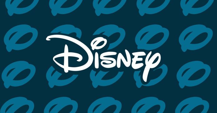 The Disney logo over a blue and black background with tiled circles in the style of Disney’s logo.