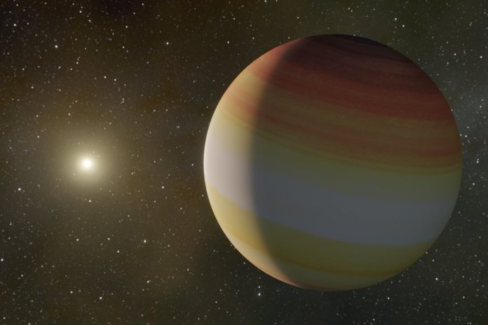 An artist's impression of the cold super-Jupiter, its host star in background. 