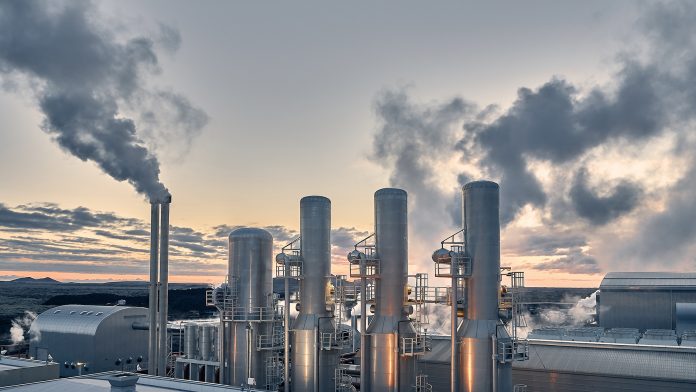 Steaming pipes at Svartsengi Geothermal Power Plant. This image is shot using a drone.